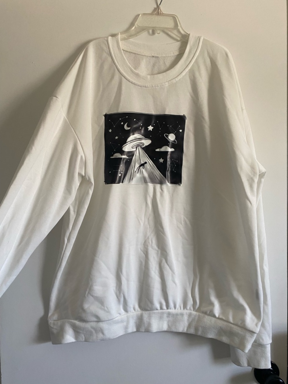 SHEIN White Sweatshirt with Black Alien UFO Graphic